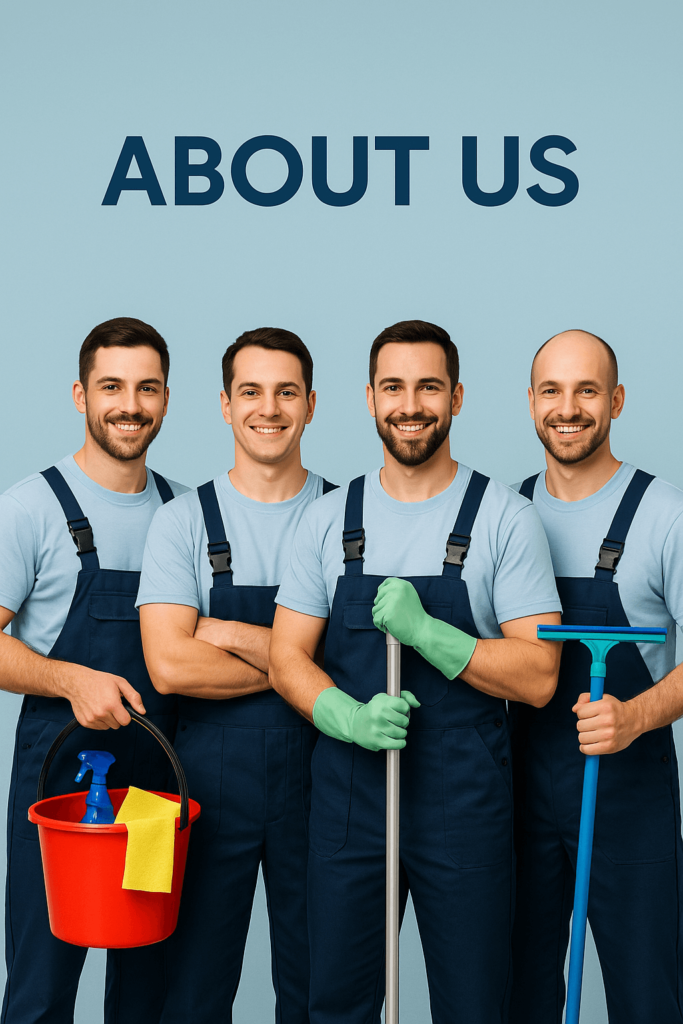 Team of professional male cleaners from Cleanly Kuwait standing with cleaning tools